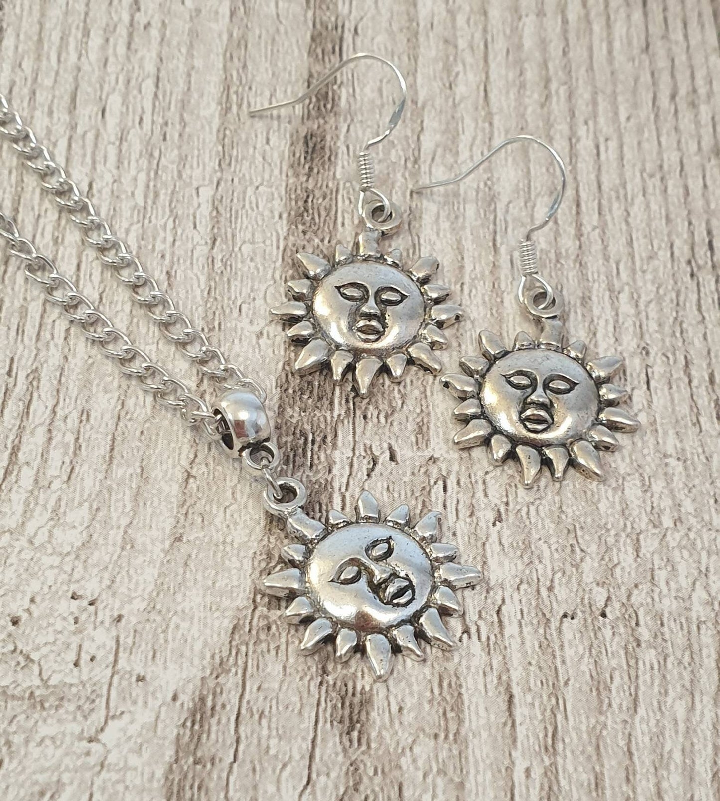 Handmade Antique Silver Sun Charm Jewellery Set, Dangly Earring And Necklace Set In Gift Bag, Cord Or Chain Options - Premium  from Etsy - Just £8.99! Shop now at Uniquely Holt