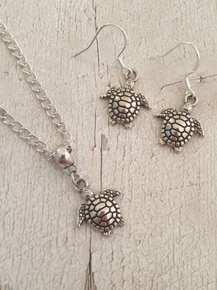 Handmade Antique Silver Turtle Charm Jewellery Set, Dangly Earring And Necklace Set In Gift Bag, Ocean Lover - Premium  from Etsy - Just £8.99! Shop now at Uniquely Holt