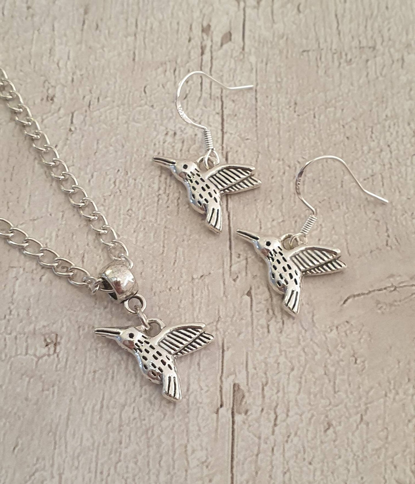 Handmade Antique Silver Humming Bird Charm Jewellery Set, Dangly Earring And Necklace Set In Gift Bag, Cord Or Chain Options - Premium  from Etsy - Just £8.99! Shop now at Uniquely Holt