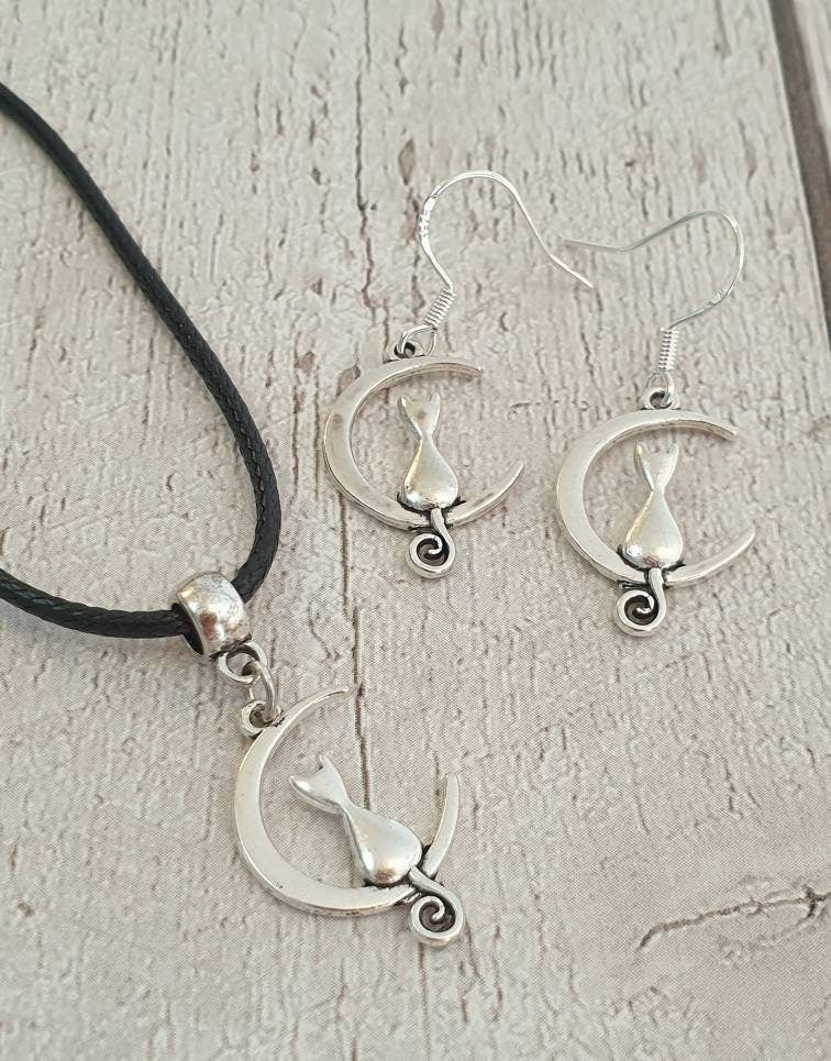 Handmade Antique Silver Cat On Moon Charm Jewellery Set, Dangly Earring And Necklace Set In Gift Bag, Cat Lover, Cord Or Chain Option - Premium  from Etsy - Just £8.99! Shop now at Uniquely Holt