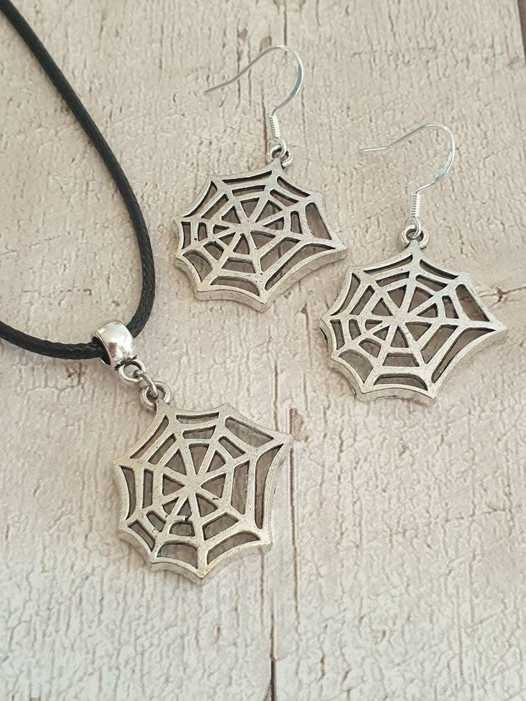 Handmade Antique Silver Cobweb Spider Web Charm Jewellery Set, Dangly Earring And Necklace Set In Gift Bag, Cord And Chain Option, Spooky - Premium  from Etsy - Just £8.99! Shop now at Uniquely Holt