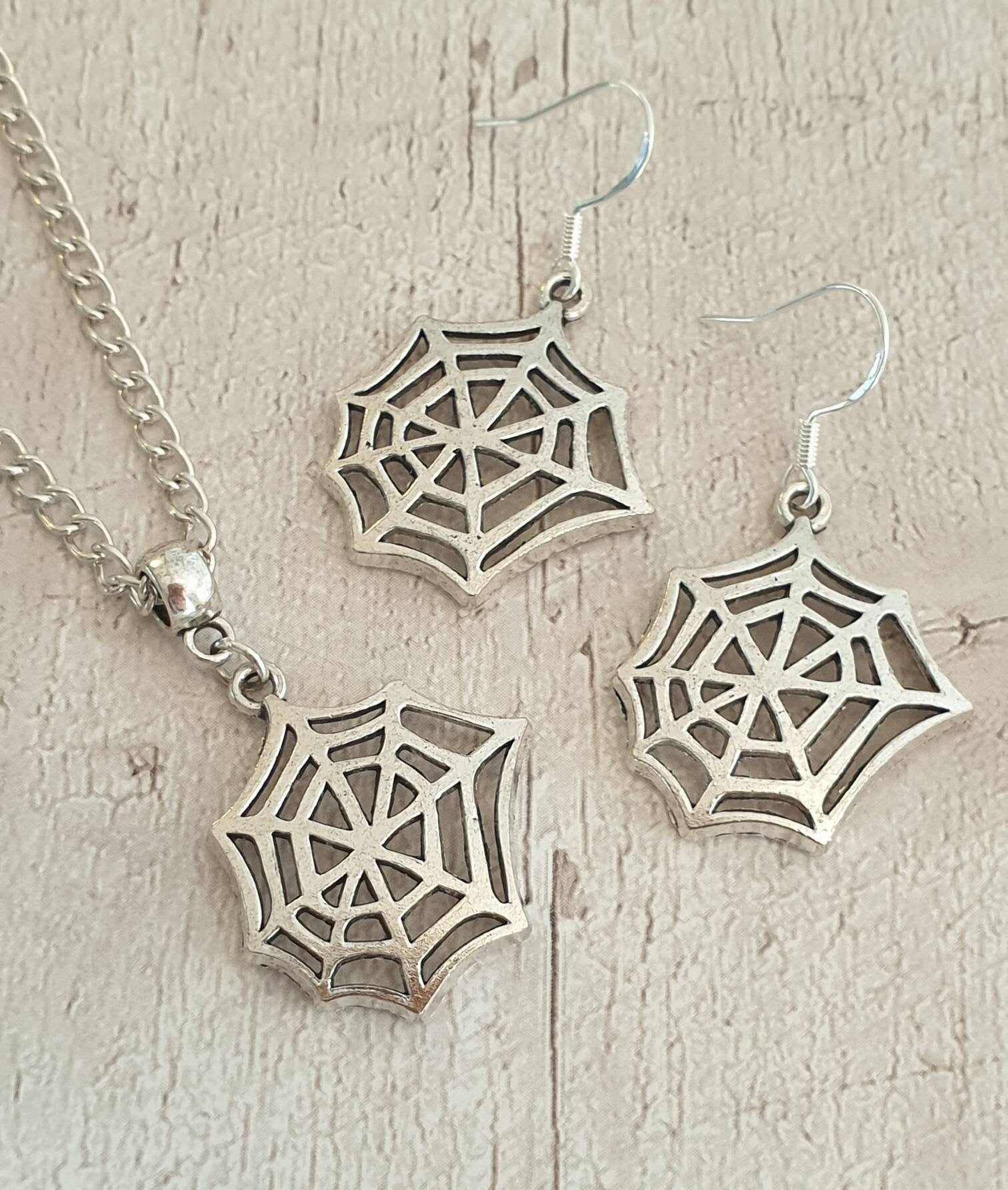 Handmade Antique Silver Cobweb Spider Web Charm Jewellery Set, Dangly Earring And Necklace Set In Gift Bag, Cord And Chain Option, Spooky - Premium  from Etsy - Just £8.99! Shop now at Uniquely Holt