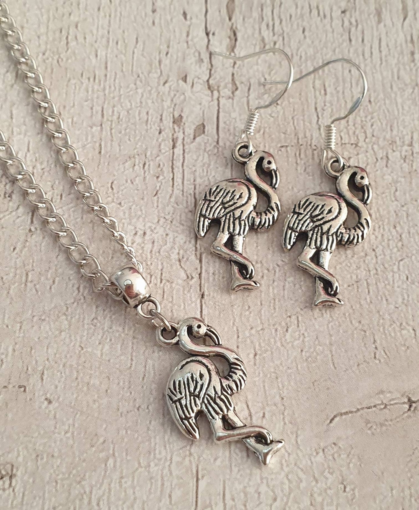 Handmade Antique Silver Flamingo Charm Jewellery Set, Dangly Earring And Necklace Set In Gift Bag, Cord Or Chain Options - Premium  from Etsy - Just £8.99! Shop now at Uniquely Holt
