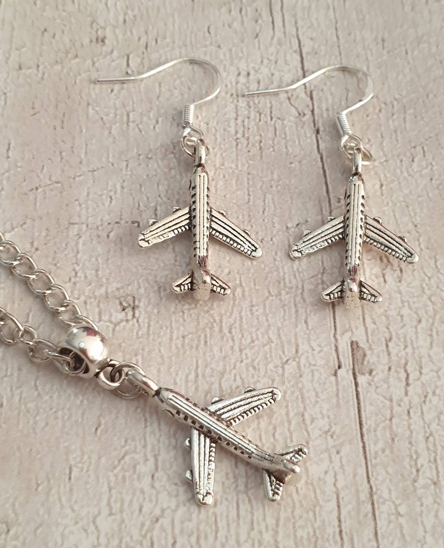 Handmade Antique Silver Airplane Charm Jewellery Set, Dangly Earring And Necklace Set In Gift Bag, Cord Or Chain Options - Premium  from Etsy - Just £8.99! Shop now at Uniquely Holt