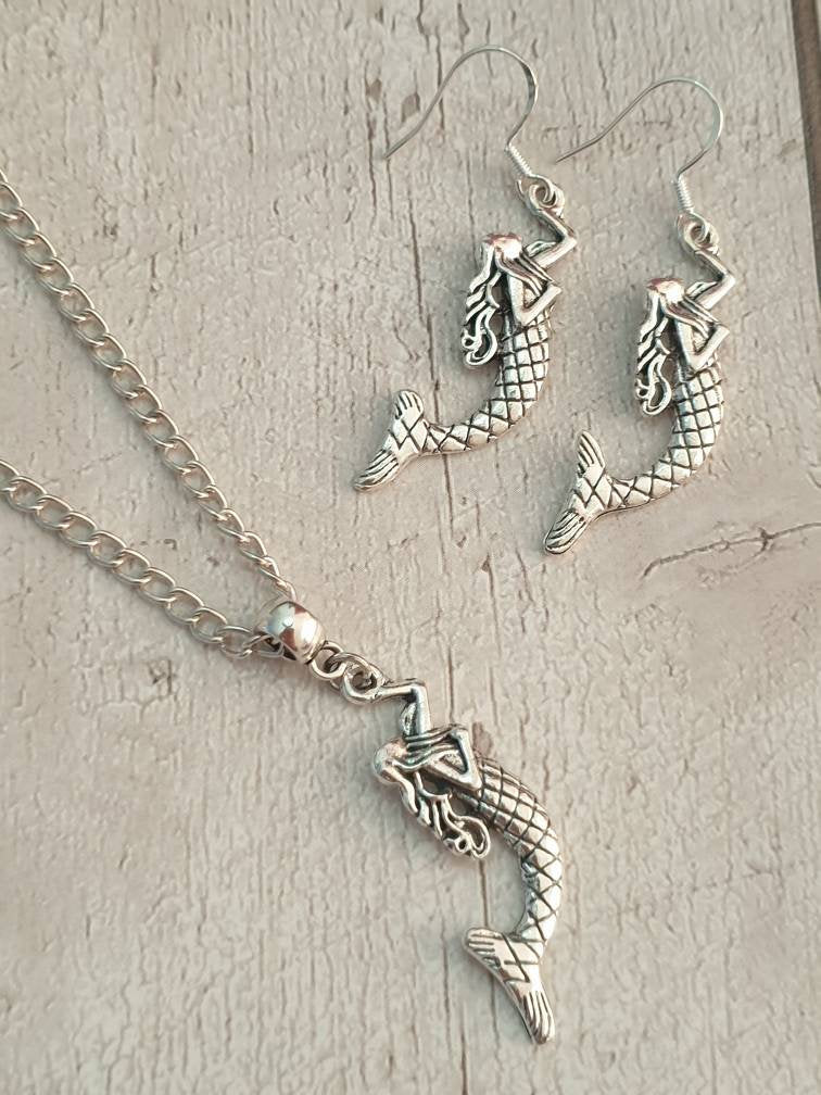 Handmade Antique Silver Mermaid Charm Jewellery Set, Dangly Earring And Necklace Set In Gift Bag, Cord And Chain Options - Premium  from Etsy - Just £8.99! Shop now at Uniquely Holt