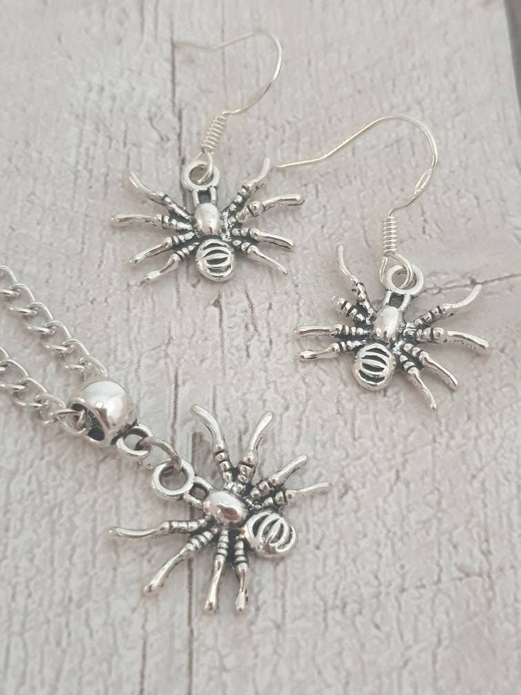 Handmade Antique Silver Spider Charm Jewellery Set, Dangly Earring And Necklace Set In Gift Bag, Cord And Chain Option, Spooky Halloween - Premium  from Etsy - Just £8.99! Shop now at Uniquely Holt