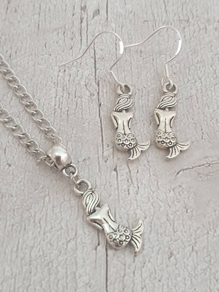 Handmade Antique Silver Mermaid Charm Jewellery Set, Dangly Earring And Necklace Set In Gift Bag, Cord And Chain Options - Premium  from Etsy - Just £8.99! Shop now at Uniquely Holt