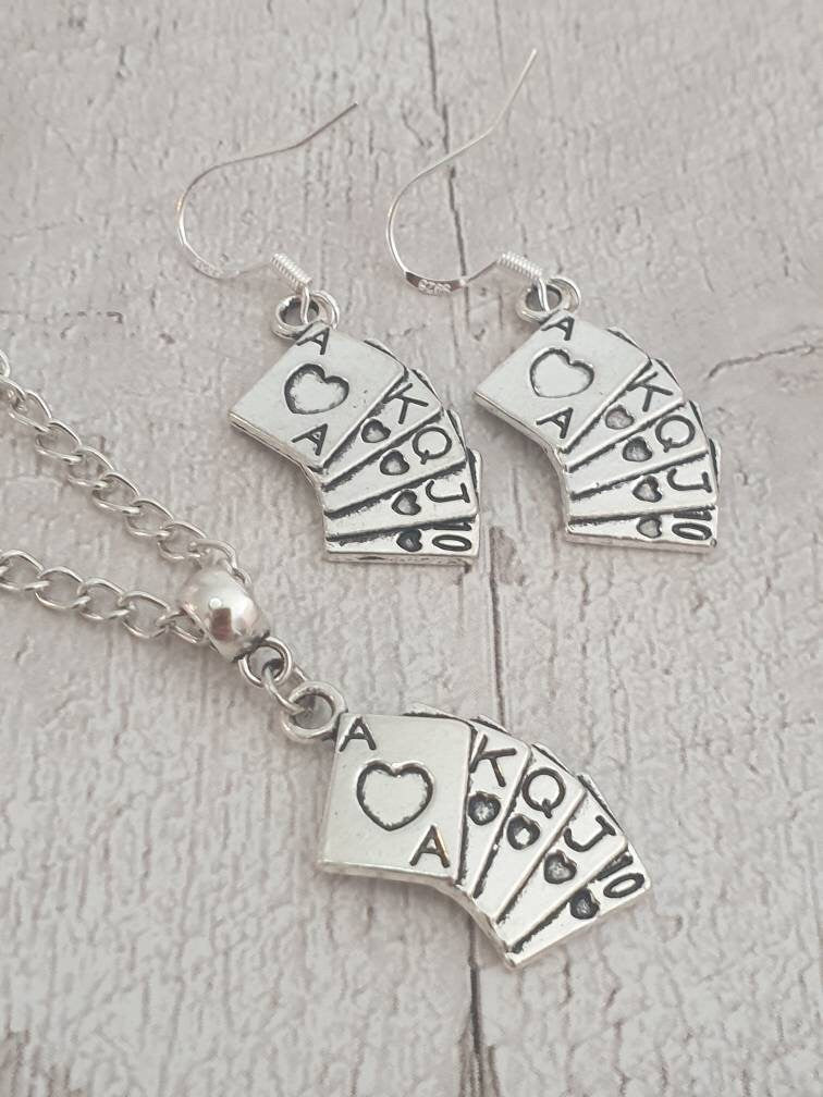 Handmade Antique Silver Playing Cards Charm Jewellery Set, Dangly Earring And Necklace Set In Gift Bag - Premium  from Etsy - Just £8.99! Shop now at Uniquely Holt