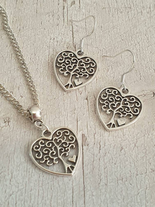 Handmade Antique Silver Heart Tree Of Life Charm Jewellery Set, Dangly Earring And Necklace Set In Gift Bag - Premium  from Etsy - Just £8.99! Shop now at Uniquely Holt