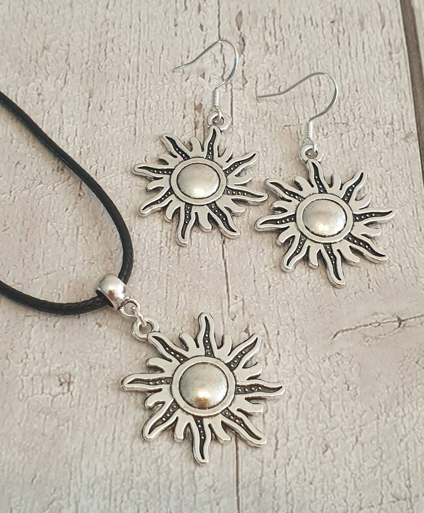 Handmade Antique Silver Sun Charm Jewellery Set, Dangly Earring And Necklace Set In Gift Bag - Premium  from Etsy - Just £8.99! Shop now at Uniquely Holt