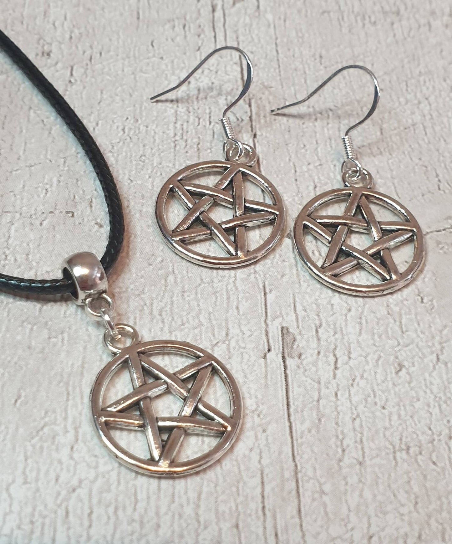 Handmade Antique Silver Pentagram Charm Jewellery Set, Dangly Earring And Necklace Set In Gift Bag, Cord Or Chain Options - Premium  from Etsy - Just £8.99! Shop now at Uniquely Holt