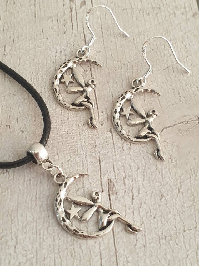 Handmade Antique Silver Fairy On A Moon Charm Jewellery Set, Dangly Earring And Necklace Set In Gift Bag, Cord Or Chain Options - Premium  from Etsy - Just £8.99! Shop now at Uniquely Holt