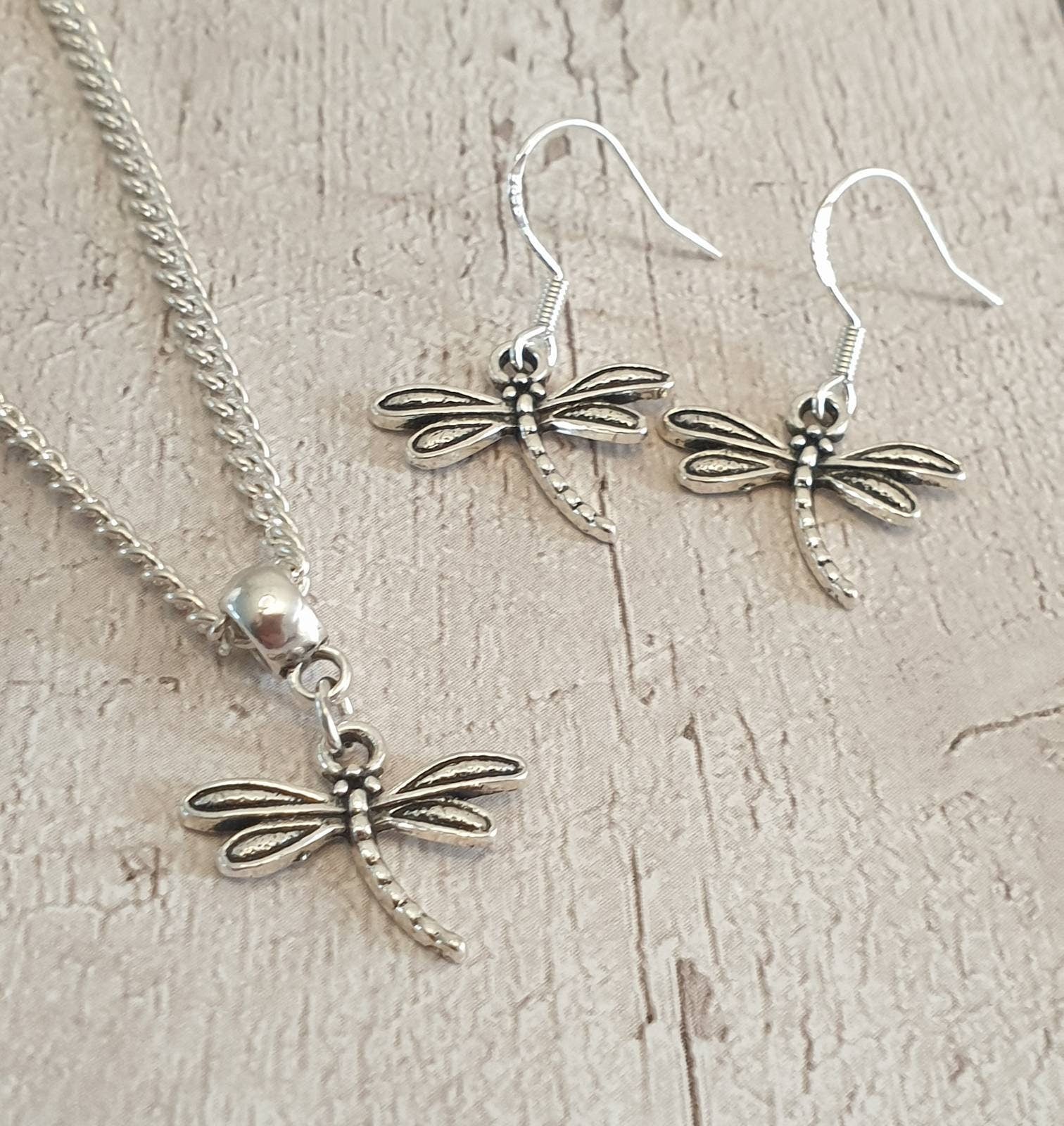 Handmade Antique Silver Dragonfly Charm Jewellery Set, Dangly Earring And Necklace Set In Gift Bag, Cord Or Chain Option - Premium  from Etsy - Just £8.99! Shop now at Uniquely Holt