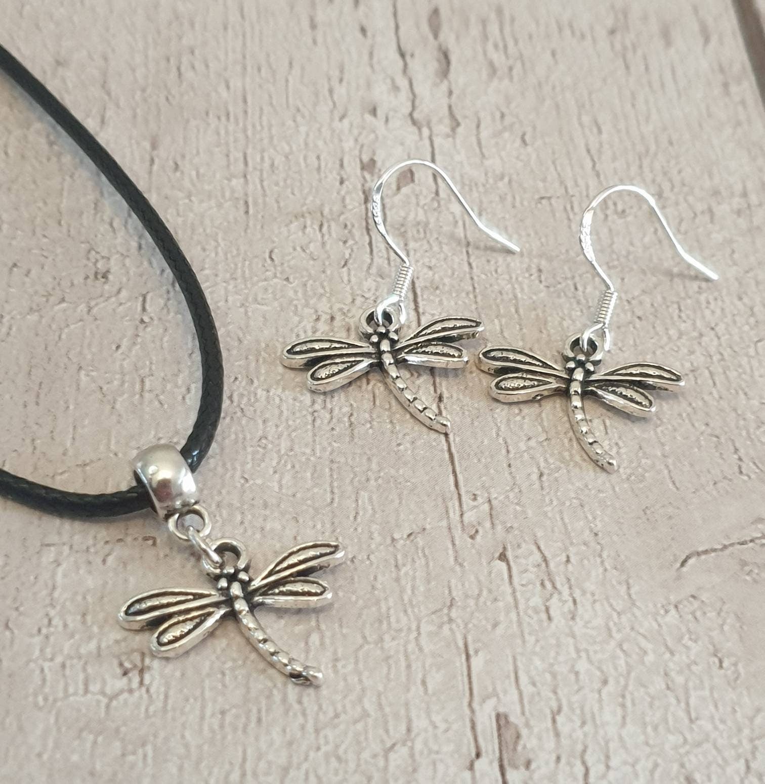 Dragonfly Charm Jewellery Set, Dangly Earring And Necklace Set In Gift Bag, Cord Or Chain Option - Premium  from Etsy - Just £8.99! Shop now at Uniquely Holt