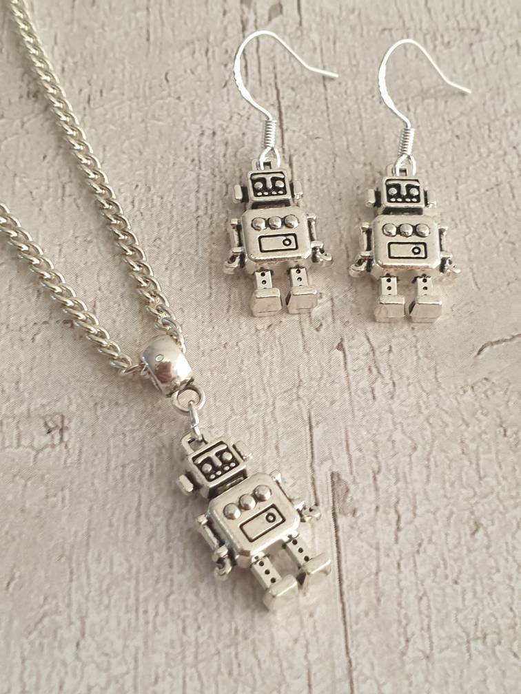 Handmade Antique Silver Robot Charm Jewellery Set, Dangly Earring And Necklace Set In Gift Bag, Cord Or Chain Option - Premium  from Etsy - Just £8.99! Shop now at Uniquely Holt