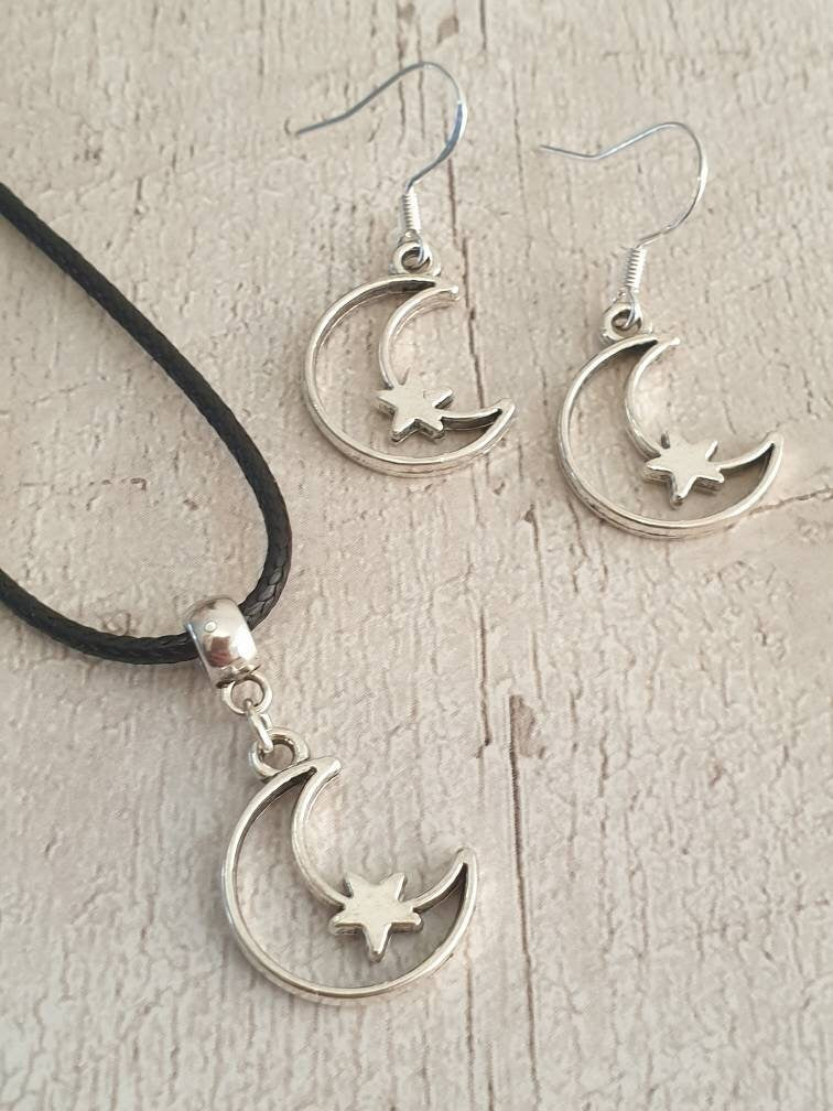 Handmade Antique Silver Moon & Star Charm Jewellery Set, Dangly Earring And Necklace Set In Gift Bag, Cord And Chain Options - Premium  from Etsy - Just £8.99! Shop now at Uniquely Holt