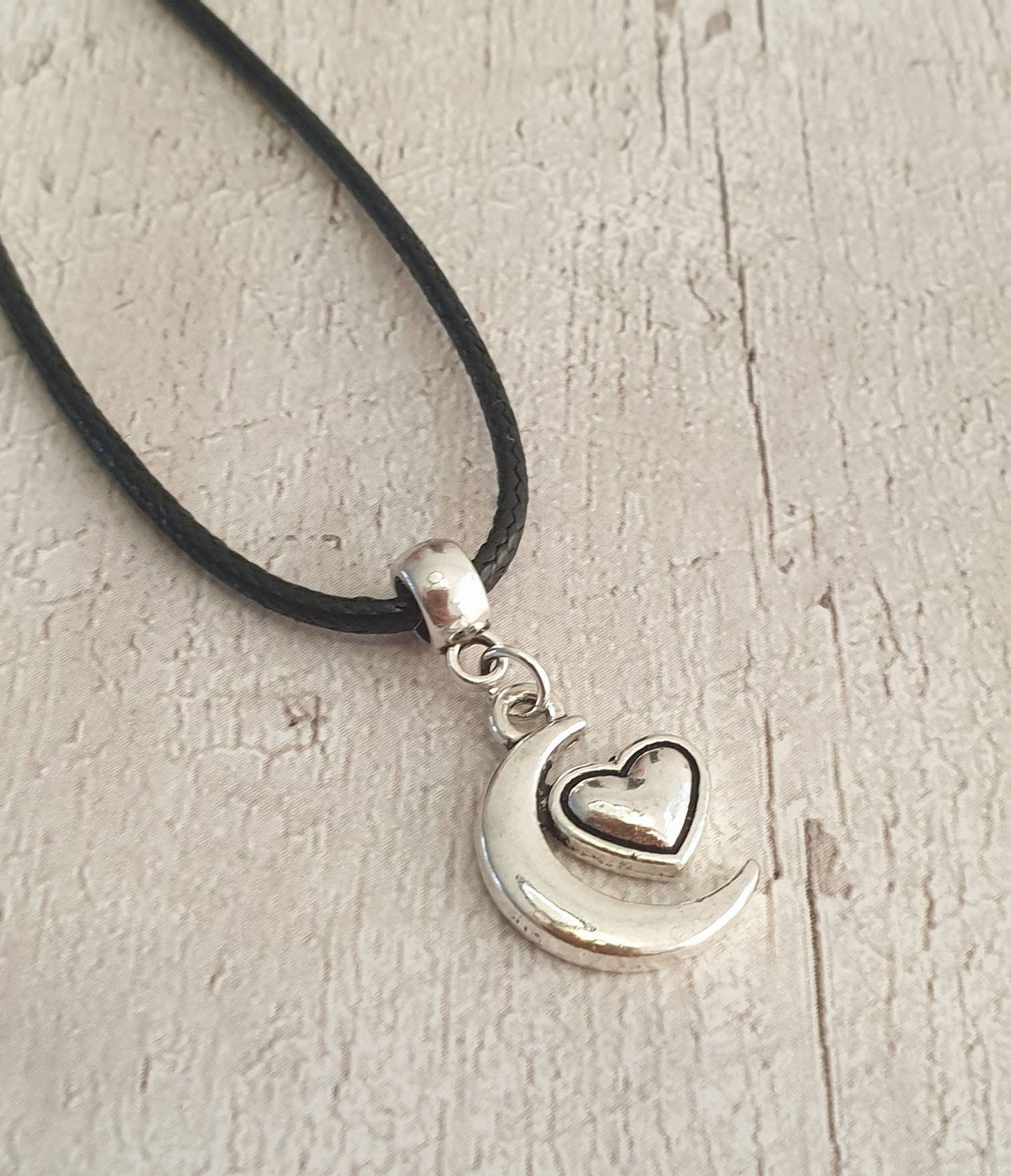 Handmade Antique Silver Moon And Heart Charm Necklace Silver Plated Or Waxed Cord Variable Lengths, Gift Packaged - Premium  from Etsy - Just £5.49! Shop now at Uniquely Holt