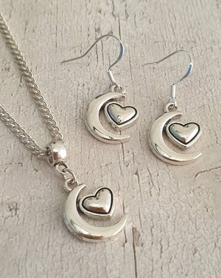 Handmade Antique Silver Moon And Heart Charm Jewellery Set, Dangly Earring And Necklace Set In Gift Bag, Cord Or Chain Options - Premium  from Etsy - Just £8.99! Shop now at Uniquely Holt
