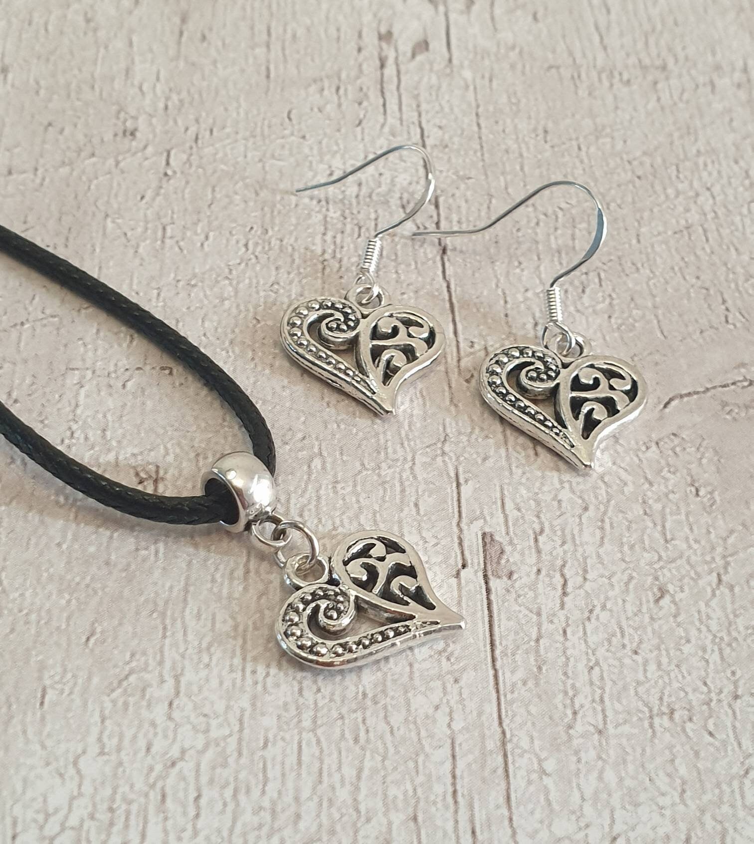 Handmade Antique Silver Heart Charm Jewellery Set, Dangly Earring And Necklace Set In Gift Bag, Cord Or Chain Options - Premium  from Etsy - Just £8.99! Shop now at Uniquely Holt