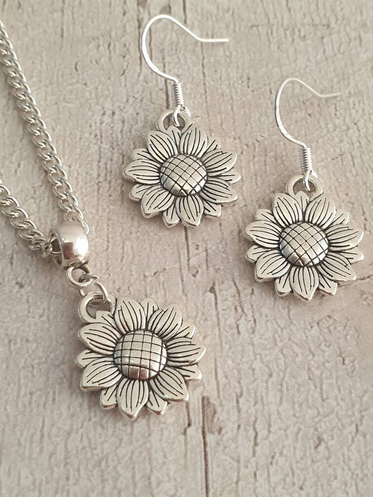Handmade Antique Silver Rose Jewellery Set, Dangly Earring And Necklace Set In Gift Bag, Cord Or Chain Option, Gift For Her - Premium  from Etsy - Just £8.99! Shop now at Uniquely Holt