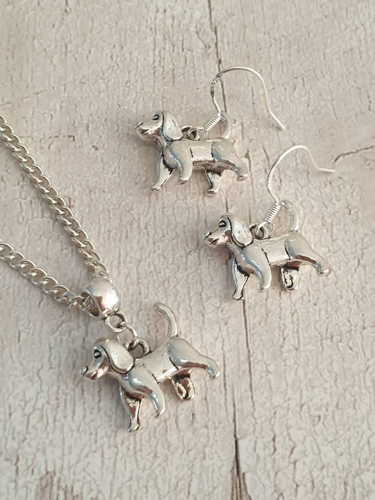 Handmade Antique Silver Dog Charm Jewellery Set, Dangly Earring And Necklace Set In Gift Bag, Cord Or Chain Option - Premium  from Etsy - Just £8.99! Shop now at Uniquely Holt