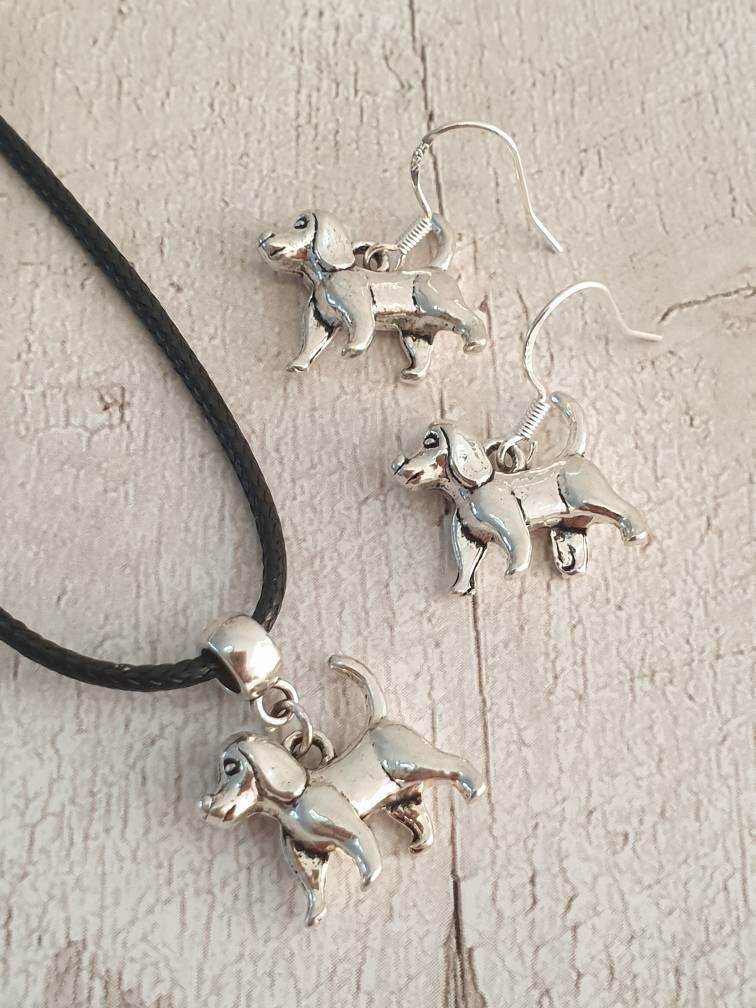 Handmade Antique Silver Dog Charm Jewellery Set, Dangly Earring And Necklace Set In Gift Bag, Cord Or Chain Option - Premium  from Etsy - Just £8.99! Shop now at Uniquely Holt