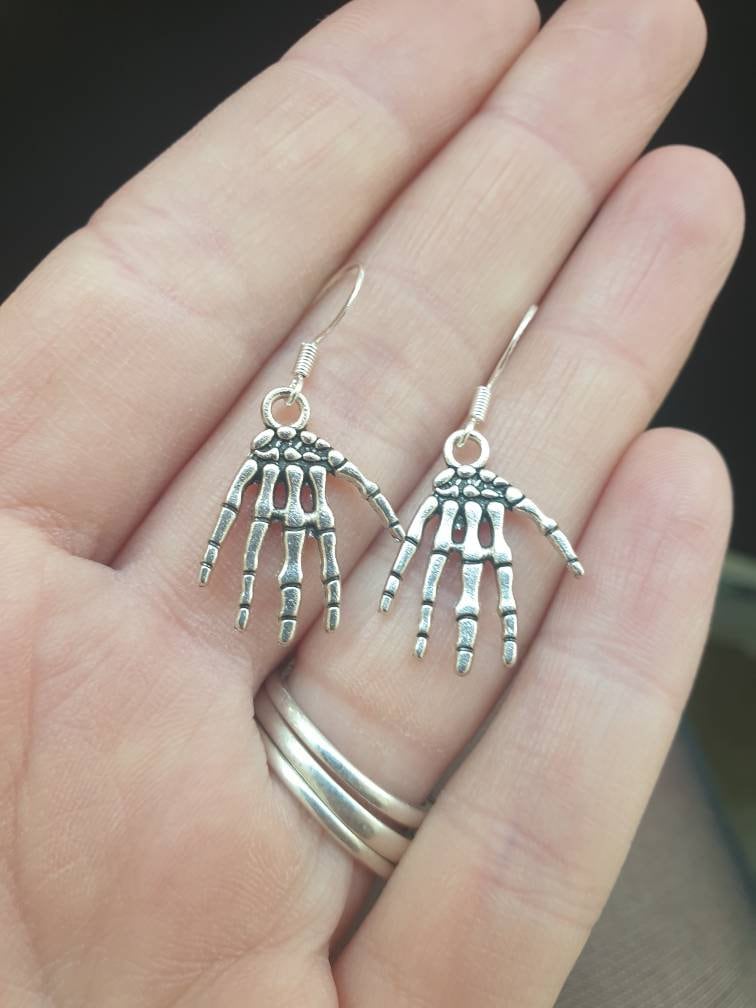 Handmade Antique Silver Skeleton Hand Charm Earrings, Gifts For Her, Fun Jewellery - Premium  from Etsy - Just £4.99! Shop now at Uniquely Holt