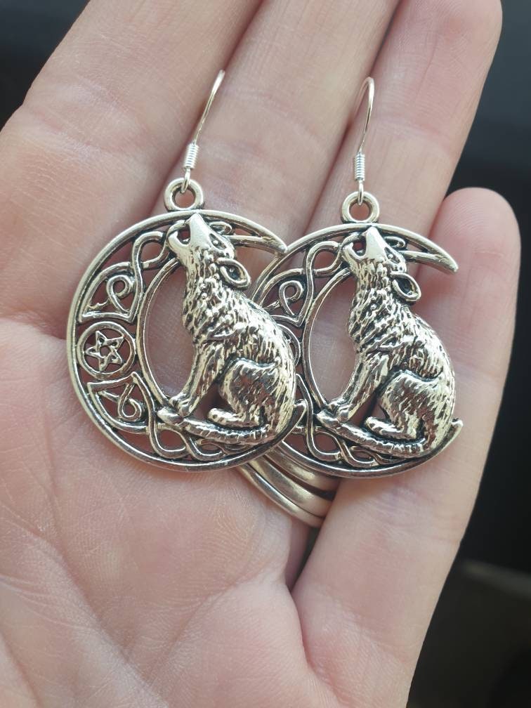 Handmade Antique Silver Wolf And Moon Charm Earrings, Gifts For Her, Animal Lover, Moon Lover, Fun Jewellery, Celestial - Premium  from Etsy - Just £4.99! Shop now at Uniquely Holt