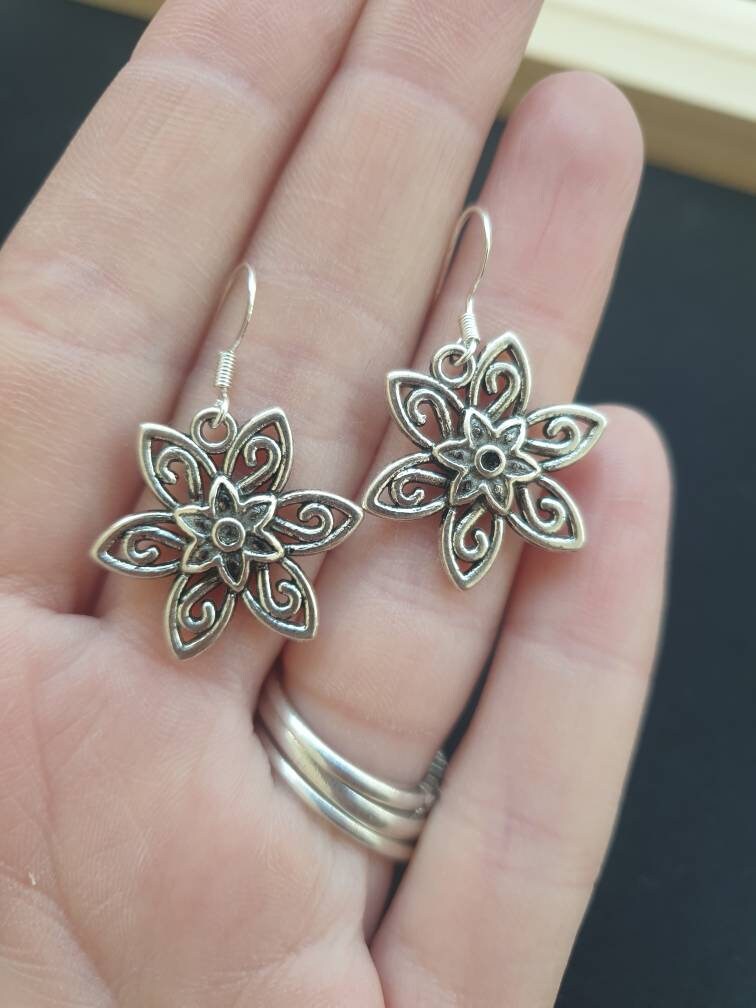 Handmade Antique Silver Flower, Dangly Charm Earrings In Gift Bag, Gifts For Her, Flowers, Nature - Premium  from Etsy - Just £4.99! Shop now at Uniquely Holt